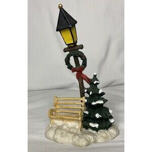 Vtg Park Bench & Vtg Lamppost Snow Covered Evergreen Tree Christmas Town Village